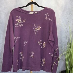 Classic Elements Purple Floral Embroidered Long Sleeve Top Sz 16-18W